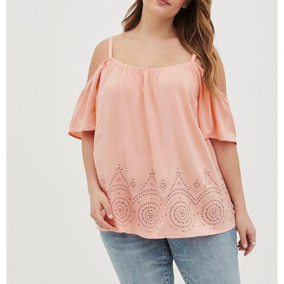 Torrid Challis Eyelet Border Cold Shoulder Peach Orange Top Women's Plus size 3X - Picture 1 of 5